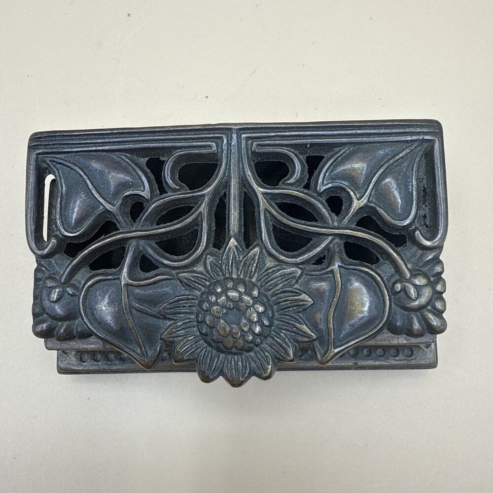 Antique Brass Hinged Stamp Box- Floral Lid ~3½"L x 1¼"H x 2⅛"D